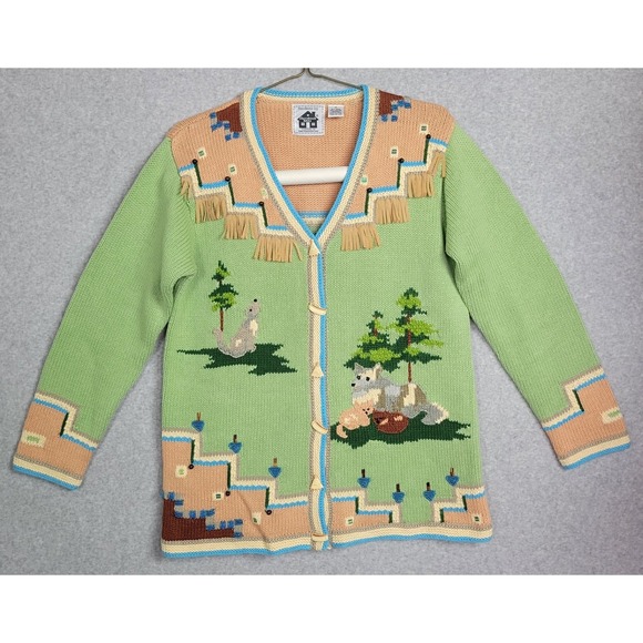 Storybook Knits Sweaters - Storybook Knits Wolf Family Southwestern Fringe Cardigan Sweater Green Womens M